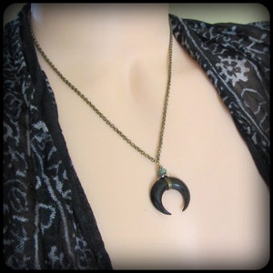 Moon Necklace, crescent moon pendant, wood, bone, black horn, silver & turquoise, witchy, pagan, Goddess, Wiccan jewelry Halloween gift image 7