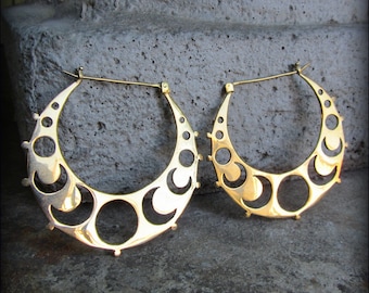 Moon Earrings ~ Crescent Moon Phase Triple Goddess ~ Gold Brass Hoop Earrings Gauges ~ Tribal Fusion Belly Dance ~ Wiccan Occult Jewelry