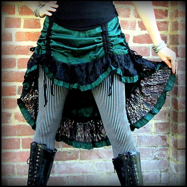 Steampunk Bustle Skirt ~ Green W/Black lace  ~  Steampunk Clothing Small to Extra Large XL ~ Victorian Gothic Charm ~ Drawstring Tie Ruching