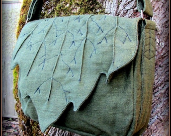 Cottagecore Leaf Bag Purse ~ Messenger School Book Bag ~ Green Cotton Canvas ~ Zelda Cosplay LARP Renaissance Fair Festival Elf Garb