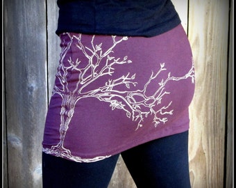 Tree Mini Skirt ~ Yoga Festival Hooping clothing ~ Stretchy Plum Purple or Black Cotton ~Tree of Life Screenprint Silk Screen Burning Man