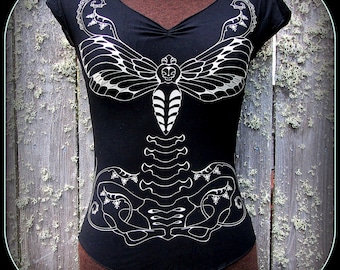 Skeleton Moth Shirt ~ Tattoo Witchy Occult Pagan Gothic Butterfly Skull Symbol ~ Black or Brown Sexy Clingy ~ Hawkmoth Taxidermy Witchcraft