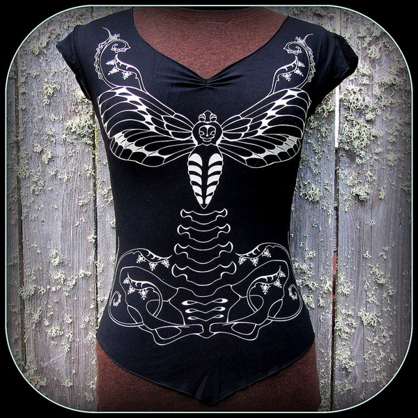 Skeleton Moth Shirt ~ Tattoo Witchy Occult Pagan Gothic Butterfly Skull Symbol ~ Black or Brown Sexy Clingy ~ Hawkmoth Taxidermy Witchcraft
