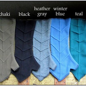 May include: Five pairs of fingerless gloves in different colours: khaki, black, heather grey, winter blue, and teal. Each glove has a chevron pattern.