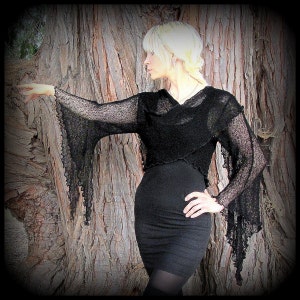 Witchy Morticia Wrap Sweater, fantasy clothing, pointy bell sleeves for belly dance, fairy shirt, gothic Witchcraft clothing, Pagan gift
