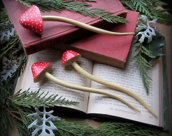 Red mushroom hair stick ~ cottagecore Christmas gift, fantasy fairy cosplay hair fork, woodland forest goblincore, magic mushroom, ren faire