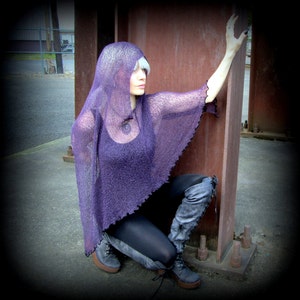 Post Apocalyptic Festival Hood Cowl, Burning Man Playa, Wasteland, Fantasy clothing, Knit Mesh Poncho Scarf, Blue, Burgundy Red, Plum