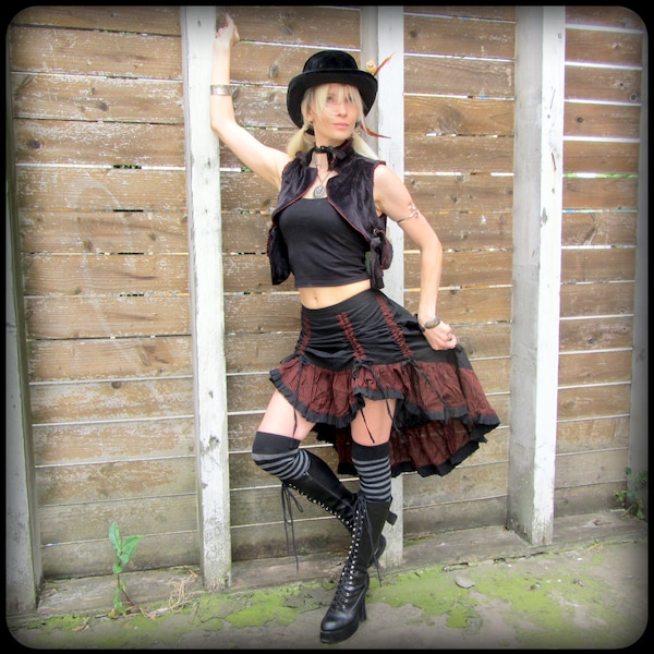 Steampunk Bustle Skirt ~ Vaudeville Saloon Red Stripe Ruffles ~  Steampunk Clothing ~ Pirate Costume ~ High Low Skirt ~ Burning Man clothing