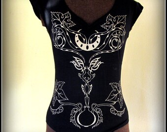 Black Witchy Witch Pagan Occult Goddess Shirt ~ Snakes, Vines, Pomegranate, Moon Symbols,Tattoo ~ Stretchy Sexy Black