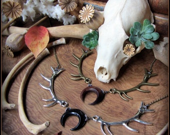 Moon Necklace w/ Antlers ~ Lagertha, Witchy Pagan Witch Wiccan jewelry, Wicca, Viking Goddess, Crescent Eclipse Lunula