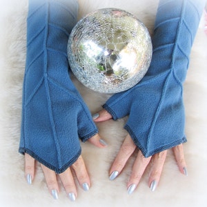 Light Blue Arm Warmers fingerless gloves Festival Style Springtime Frozen Elsa Blue Fleece Pixie Fairy Leaf armwarmer hooping festival image 3