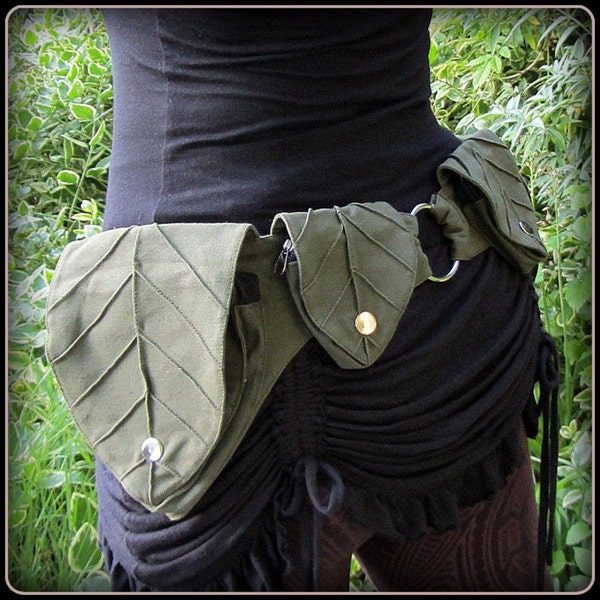 Leaf Utility Pocket belt ~ Festival Belt Forest Fantasy Fairy ~ Woodland Cottagecore Cosplay LARP ~ Green Brown Black Canvas ~ Small to XL