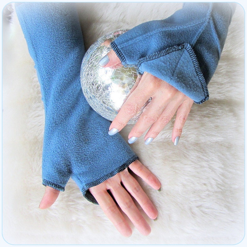 Light Blue Arm Warmers fingerless gloves Festival Style Springtime Frozen Elsa Blue Fleece Pixie Fairy Leaf armwarmer hooping festival image 2