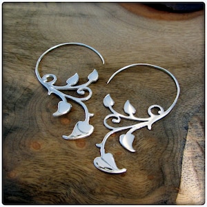 Sterling Silver Ivy Vine Art Nouveau Earrings ~ Like Fake Gauges but fit Standard Piercings ~ Fairy Elven Forest Spiral Festival Earrings