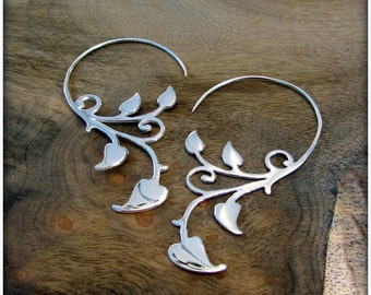 Sterling Silver Ivy Vine Art Nouveau Earrings ~ Like Fake Gauges but fit Standard Piercings ~ Fairy Elven Forest Spiral Festival Earrings