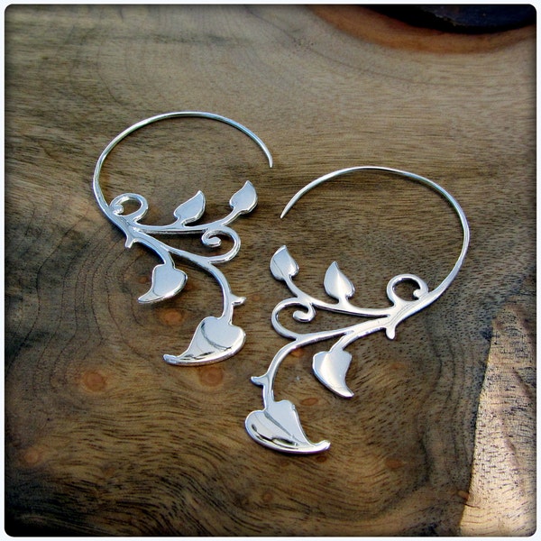 Sterling Silver Ivy Vine Art Nouveau Earrings ~ Like Fake Gauges but fit Standard Piercings ~ Fairy Elven Forest Spiral Festival Earrings