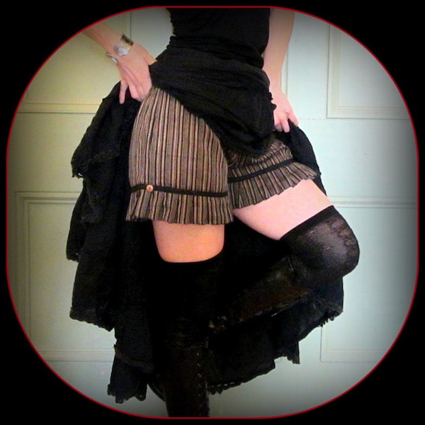 Steampunk Ruffle Shorts ~ Knickers Bloomers ~ Brown Stripes or Black Solid ~  Steampunk clothing ~ Victorian Lolita Cosplay Mori Girl