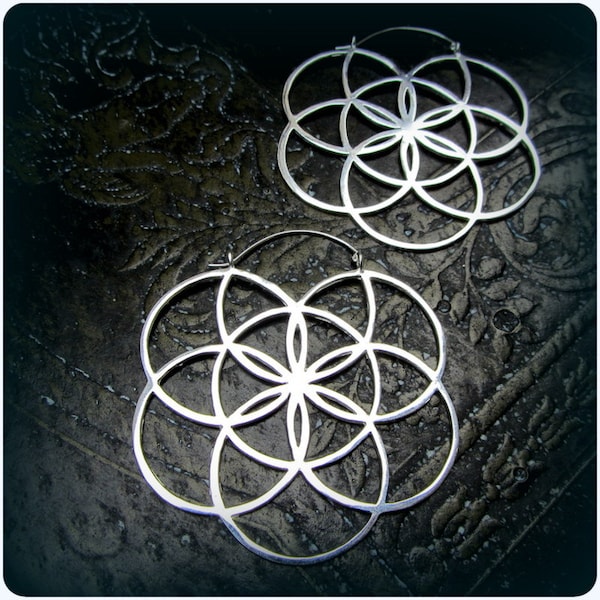 Sacred Geometry Seed of Life Silver Earrings ~ Fits in Gauges and Tunnels ~ Statement Hoops ~ Burning Man and Festival Style