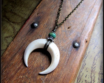 Moon Necklace, crescent moon pendant, wood, bone, black horn, silver & turquoise, witchy, pagan, Goddess, Wiccan jewelry Halloween gift
