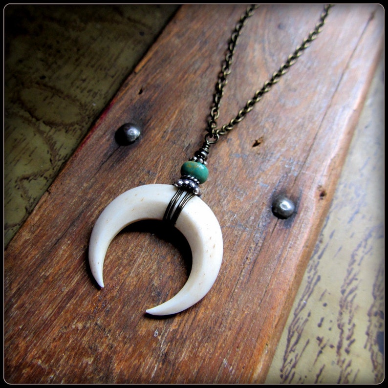 Moon Necklace, crescent moon pendant, wood, bone, black horn, silver & turquoise, witchy, pagan, Goddess, Wiccan jewelry Halloween gift 
