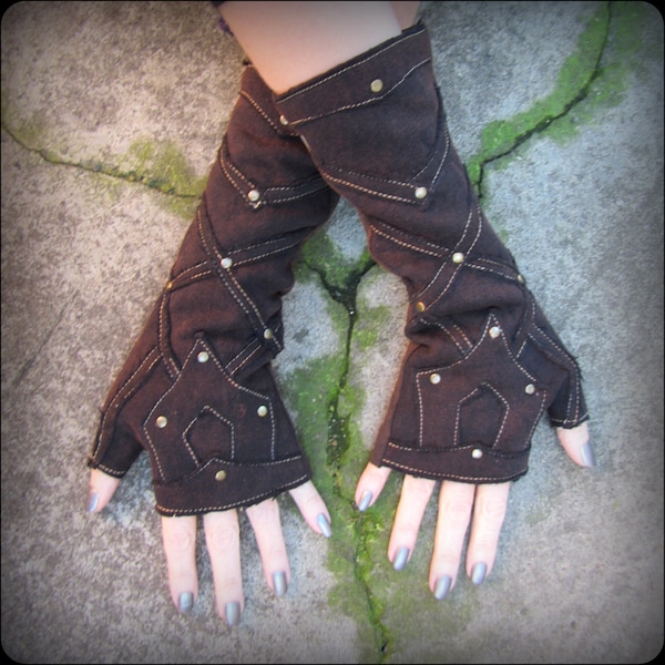 Post-apocalyptic arm warmers, brass rivets, Burning Man fingerless gloves, Mad Max moto style, post apocalyptic armwarmers, steampunk gloves