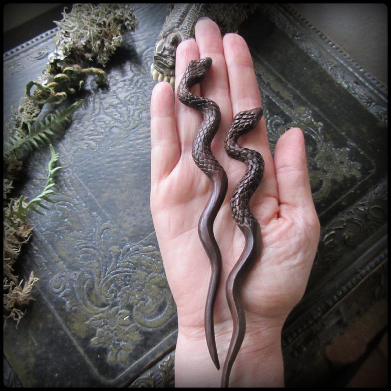 Snake Hair Stick for Witchy Wiccan High Priestess Serpent Carved Bone Hairstick Pagan Medusa Tribal Belly Dance Hair Fork, Ayahuasca image 4