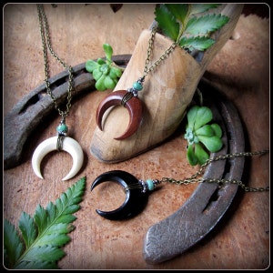 Moon Necklace, crescent moon pendant, wood, bone, black horn, silver & turquoise, witchy, pagan, Goddess, Wiccan jewelry Halloween gift image 4