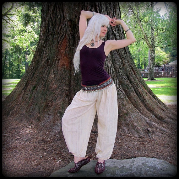 Harem Pants ~ Belly Dance Tribal Fusion Yoga Pants ~ Genie Pants Renaissance Festival Clothing ~ Pirate Pants, Gold Metal Stripes