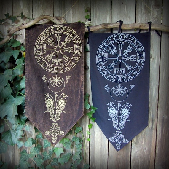 Yule Gift, Vegvisir Viking Banner, Runes Wall Hanging, Helm of Awe