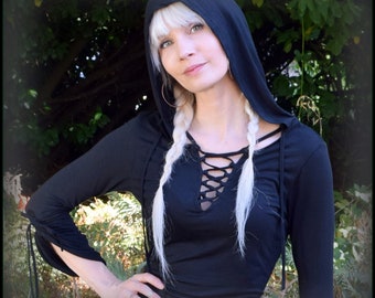 Witch Dress with Hood ~  Witchy Black Hooded Dress Viking Tunic Wicca, Fantasy clothing, Dark Fairy Occult Clothing, Pagan Witchcraft Wiccan