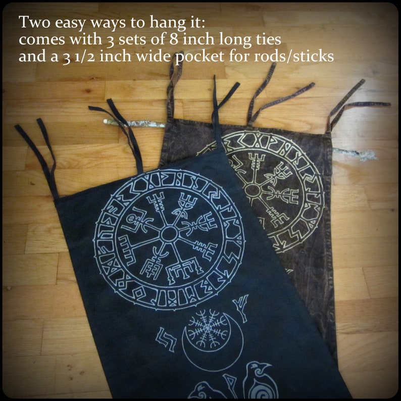 Yule gift, Vegvisir Viking Banner, runes wall hanging, Helm of Awe flag pennant banner, Odin ravens Heathen decor