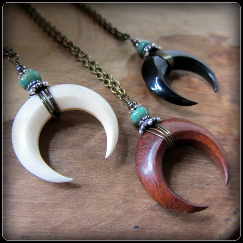 Moon Necklace, crescent moon pendant, wood, bone, black horn, silver & turquoise, witchy, pagan, Goddess, Wiccan jewelry Halloween gift image 2