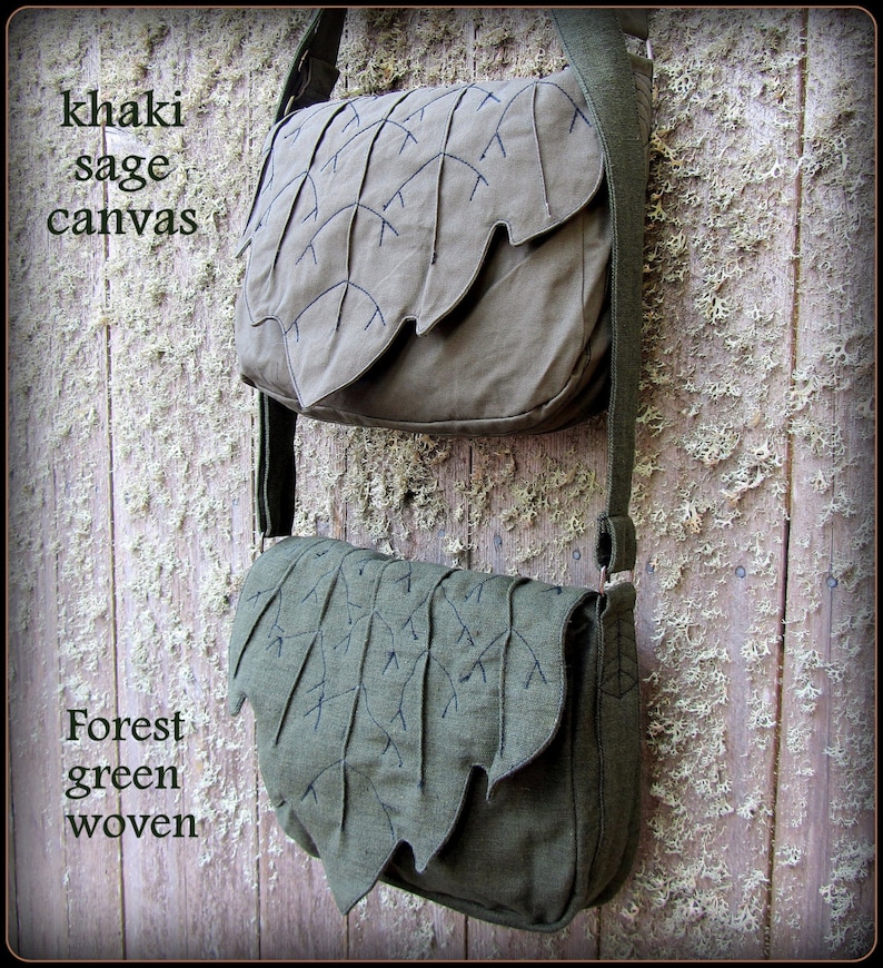 Cottagecore Leaf Bag Purse Messenger School Book Bag Green Cotton Canvas Zelda Cosplay LARP Renaissance Fair Festival Elf Garb image 2