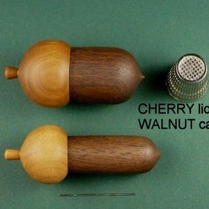 Acorn Needle Case Short and Acorn Thimble Case Set. Cherry Lid and Walnut Case. For Cross Stitch, Quilting, Beading, + Sewing