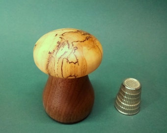 Mushroom Thimble Case. Extremely Spalted Maple lid with Walnut case.