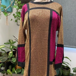 Vintage Metallic Pierre Cardin Dress | Magenta and Gold Color Block