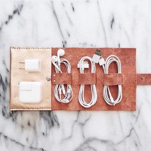 Leather Cord Wrap Cable Organizer Travel Case Rose Gold