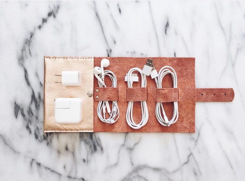 Leather Cord Wrap Cable Organizer Travel Case Rose Gold