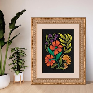 Colorful Folk Floral Art Print – Whimsical Botanical Illustration, Boho Wall Decor, Digital Download