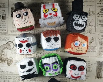 Handsewn Felt Spooky Blockhead – Custom Horror Character Plush Sidekick for Humans or Shelves – Made-to-Order