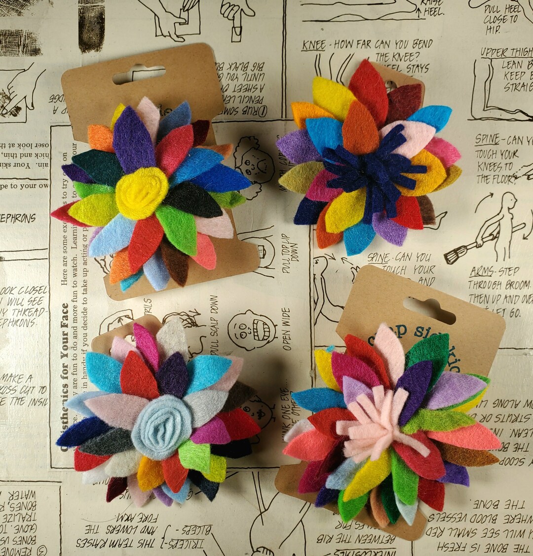 Felt Flower Pins Handmade Scrap Felt Flowers 1 Count OR 3 Set, Rainbow