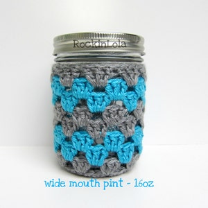 mason jar cozy - grey and turquoise - made in your color choice- half pint 8oz - pint 16oz - quart 32oz - handmade by RockinLola