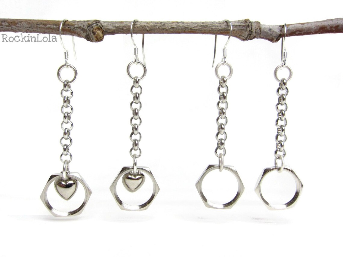 Hex Nut Dangle Earrings Hardware Earrings Silver Heart Etsy