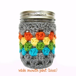 mason jar cozy - grey rainbow - non-slip sleeve - made in your color choice- half pint 8oz - pint 16oz - quart 32oz - handmade by RockinLola