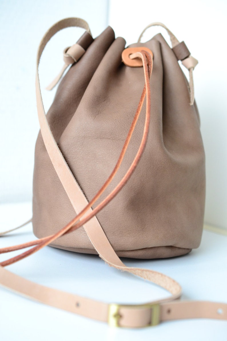 Leather Draw String Bag, Hand Stitched Round Sling Bag, Body Cross Bag