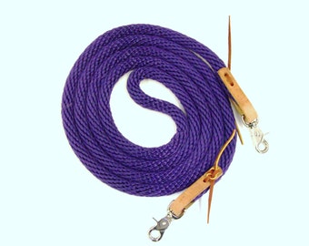 Poly Rope Trail Endurance Reins  w Leather Water Tie Ends, Snaps U Pick Color & Length