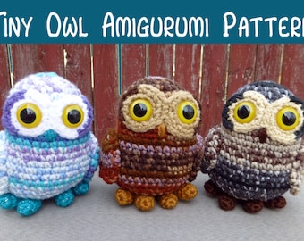 May include: Three crocheted owl amigurumi toys. The owls are made in different colors: blue, brown, and gray. Each owl has large yellow eyes and a small beak.