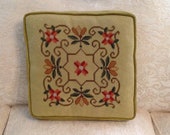 Square needlepoint and velvet decorative pillow zippered fiber filled stylized floral green gold coral retro chic cottage style home decor