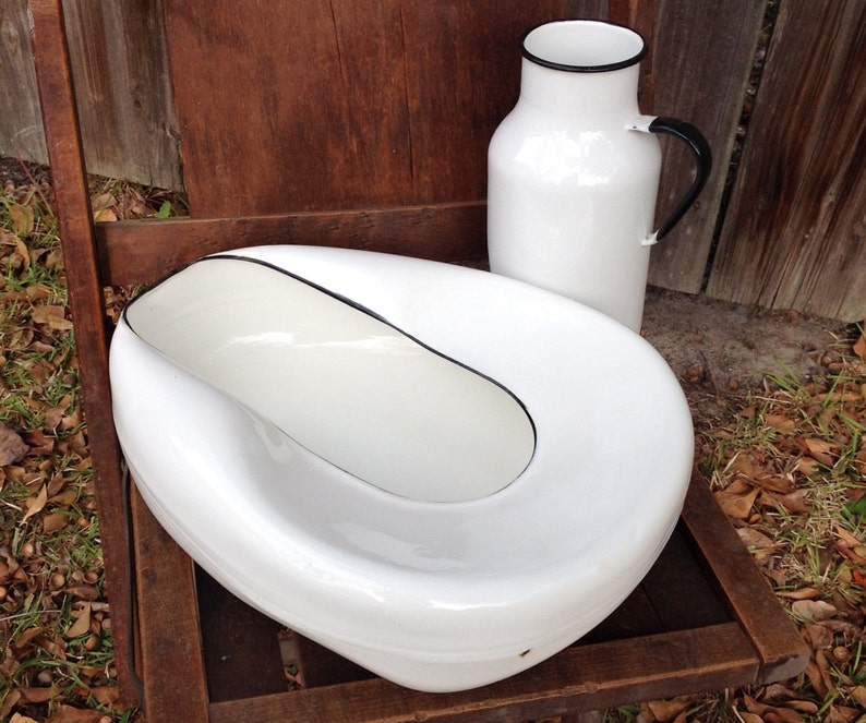 Porcelain enameled metal bedpan and urinal set white enamelware hospital medical artifact kitsch mid century planter vase home garden decor