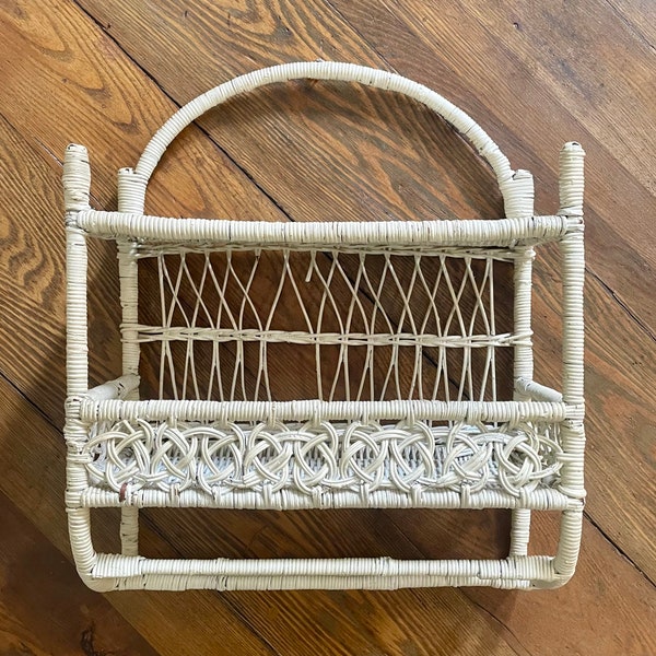 White wicker shelf with towel bar shelving storage organizer wall mounted boho bohemian country cottage style bathroom home decor